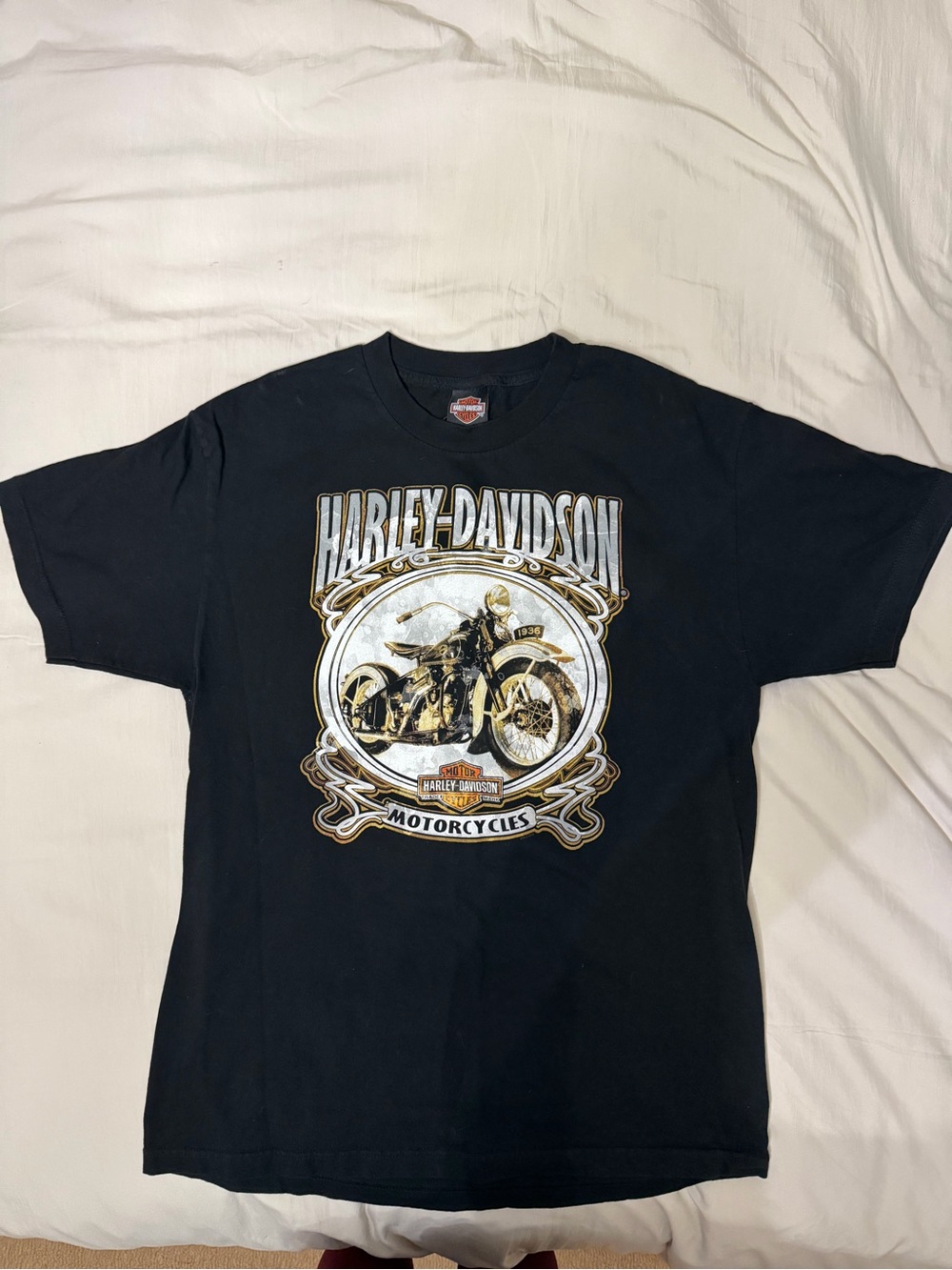 Harley-Davidson Black Tee with White and Gold Motorcycle Graphic
